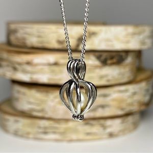 Heart Shaped Cage with Natural Pearl in Silver Tone Necklace